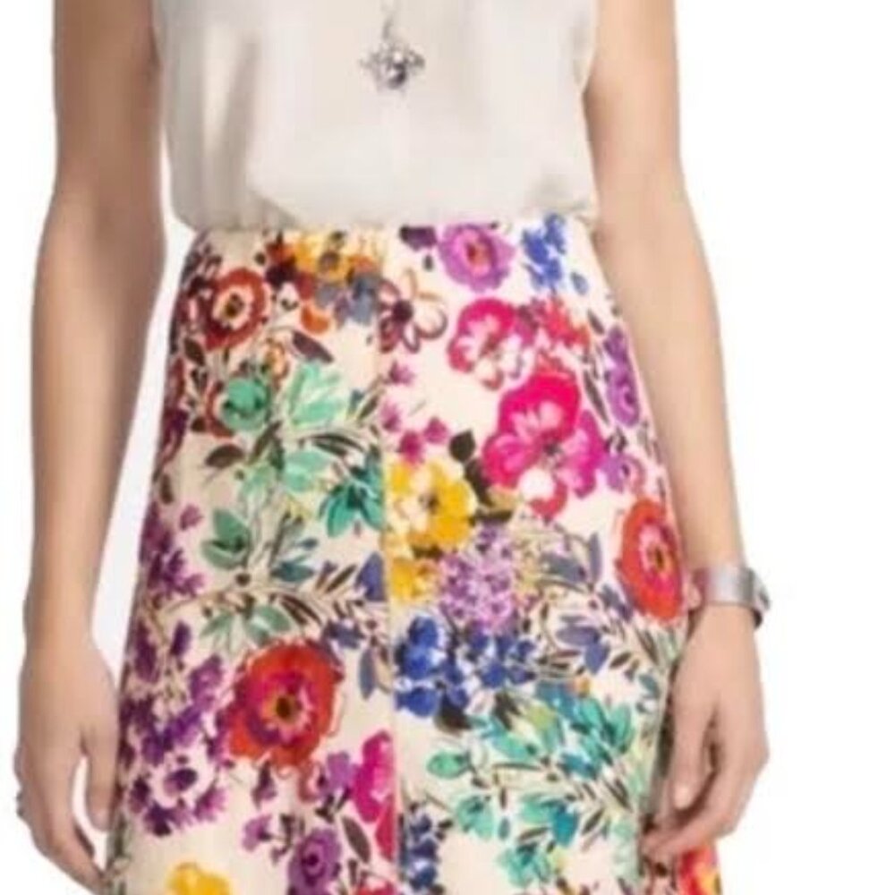 Johnny Was Seamed Linen Maxi Skirt Cream Multicolor Floral Print Evalon Size L